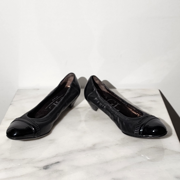 Final Sale - AGL Black Leather w/Patent Toe Capped Ballet Flats w/Pleated Ruffle - Picture 8 of 9